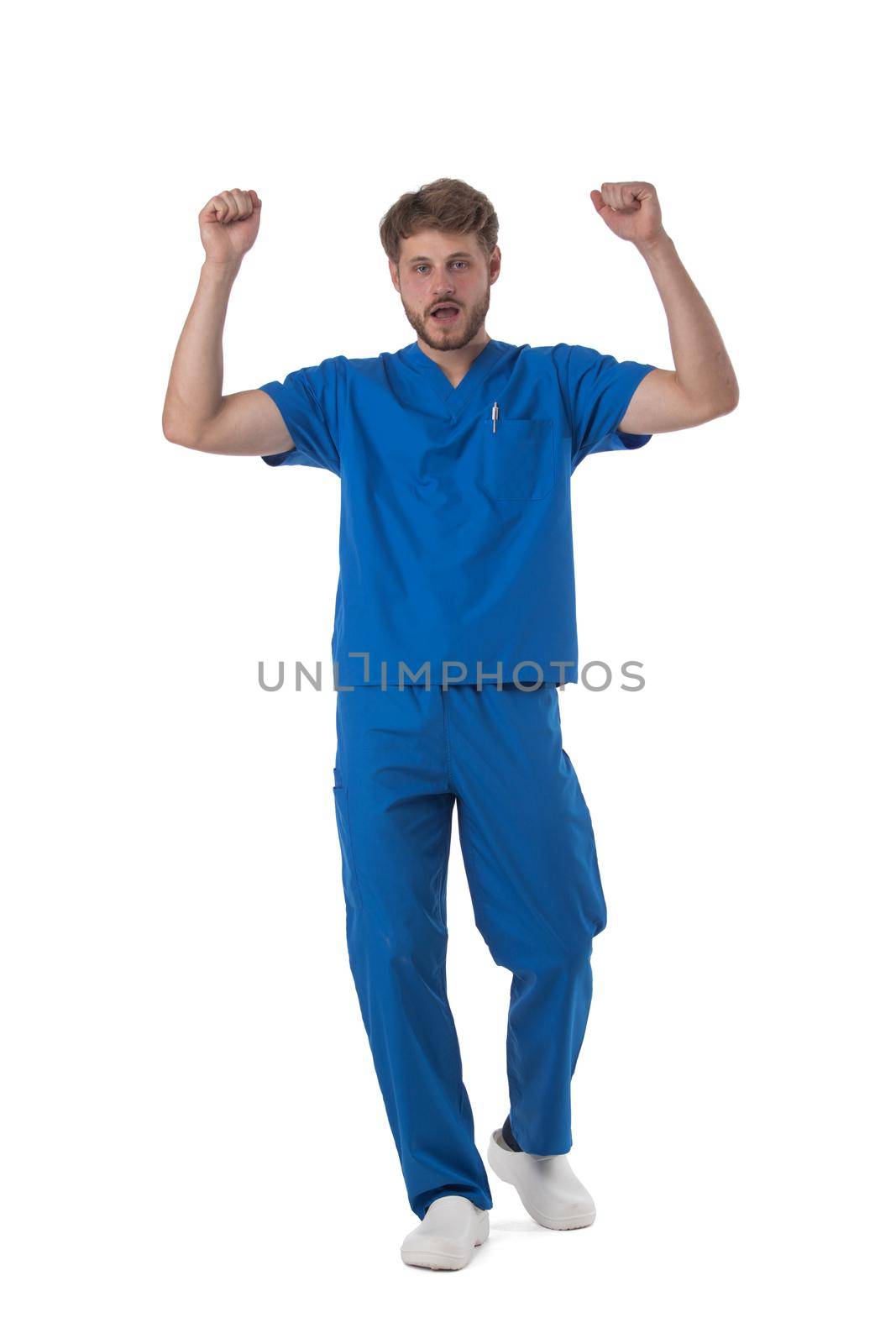 Young male medical nurse healthcare worker with raised arms isolated on white background full length studio portrait