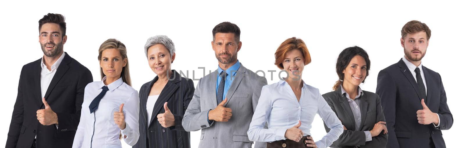 Successful happy business people team with thumbs up isolated on white background