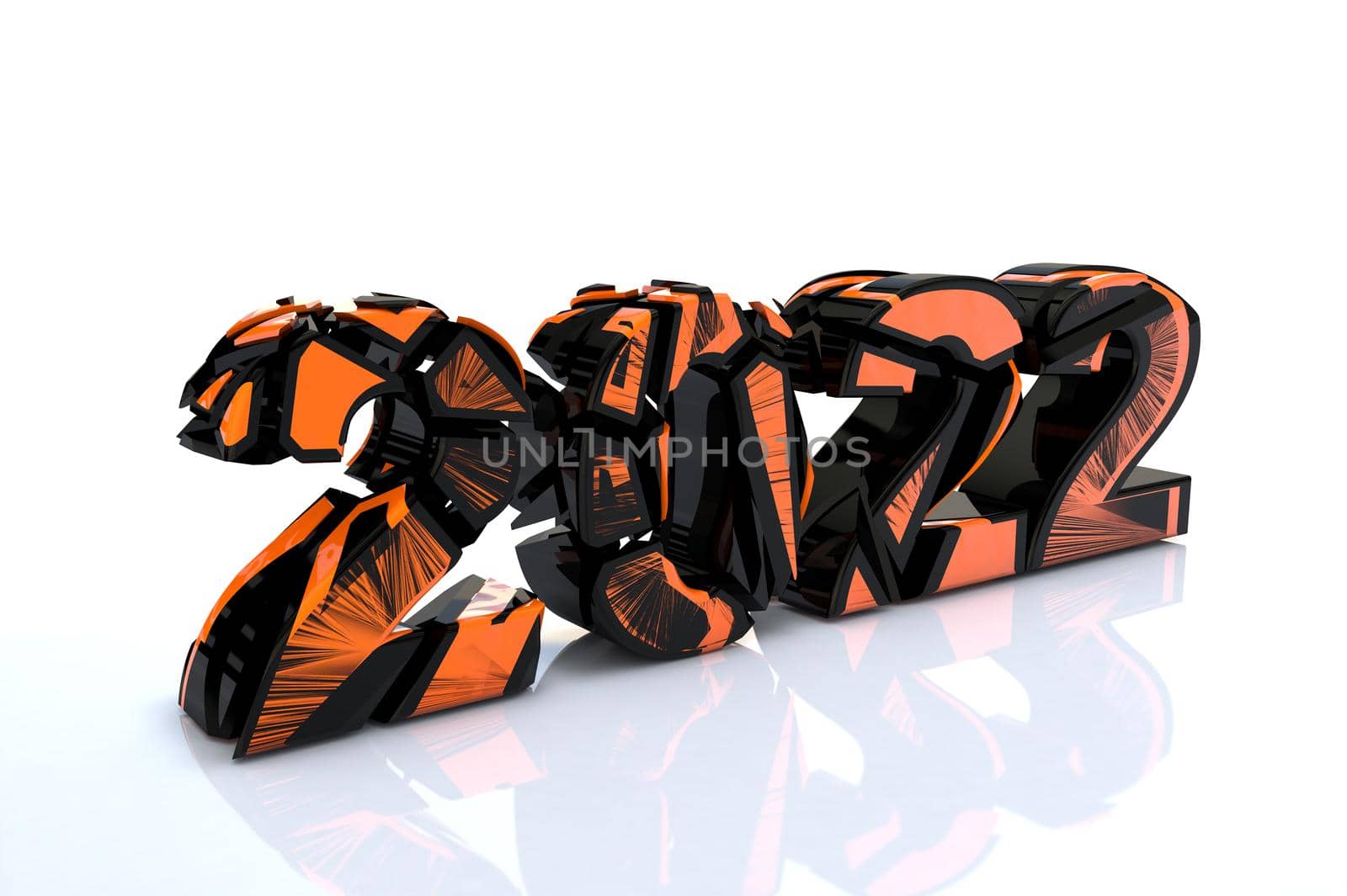 Stylized 3D number 2022 in black and orange with the effect of splitting into fragments on a light background