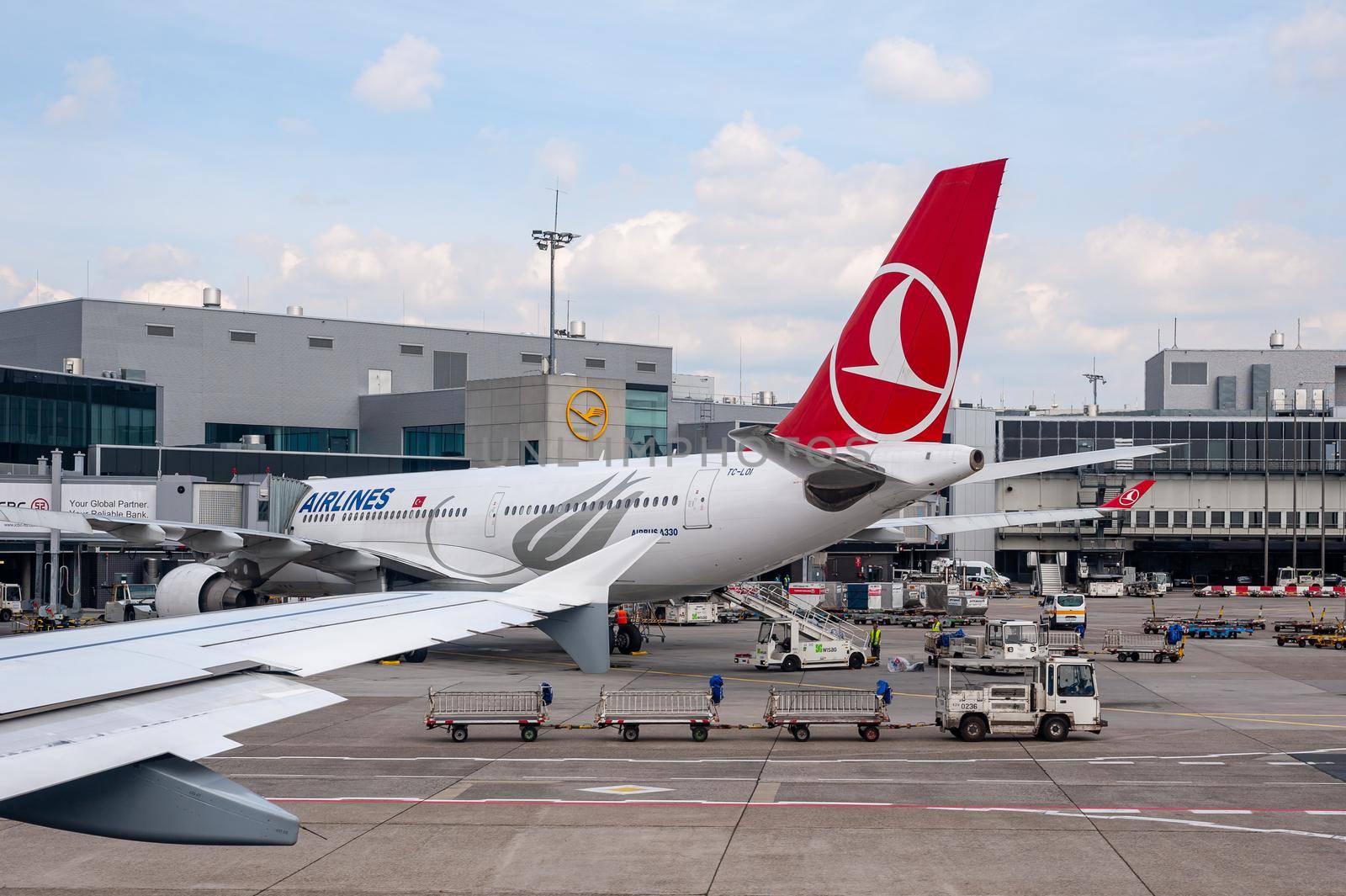 05/26/2019. Frankfurt Airport, Germany. Turkish airliner in front of main terminal. Airport operated by Fraport and serves as the main hub for Lufthansa including Lufthansa City Line and Lufthansa Cargo.