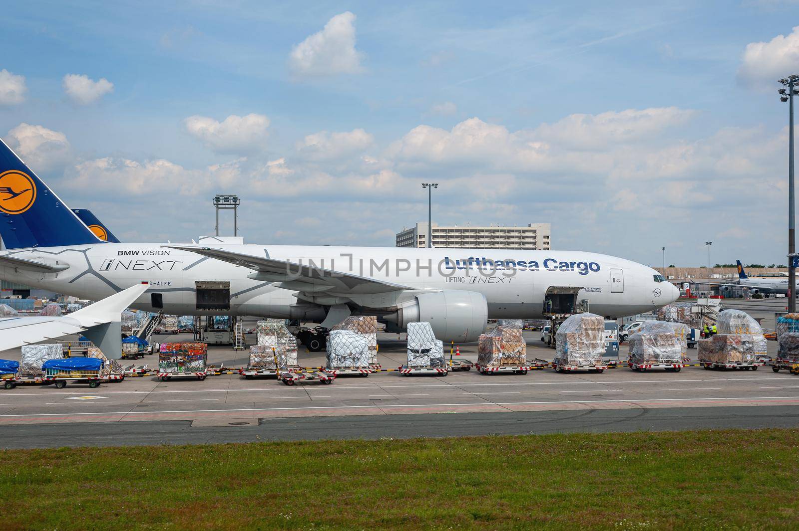 05/26/2019. Frankfurt Airport. Germany. Boeing 777 Freighter in Lufthansa cargo depot operated by Fraport and serves as the main cargo hub.