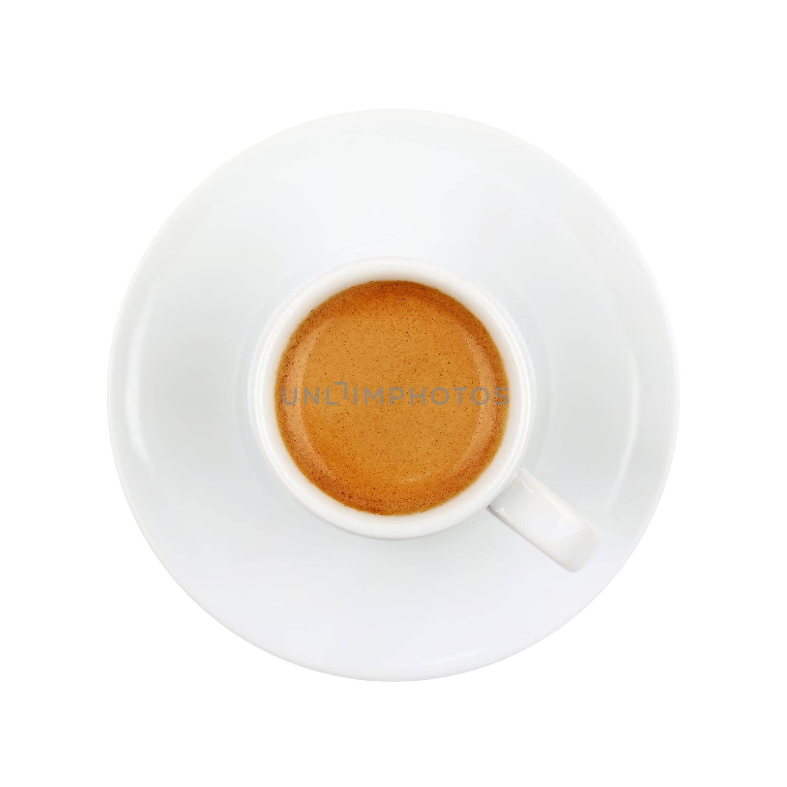 White cup full of espresso coffee with brown crema, on saucer, isolated on white background, elevated top view, directly above