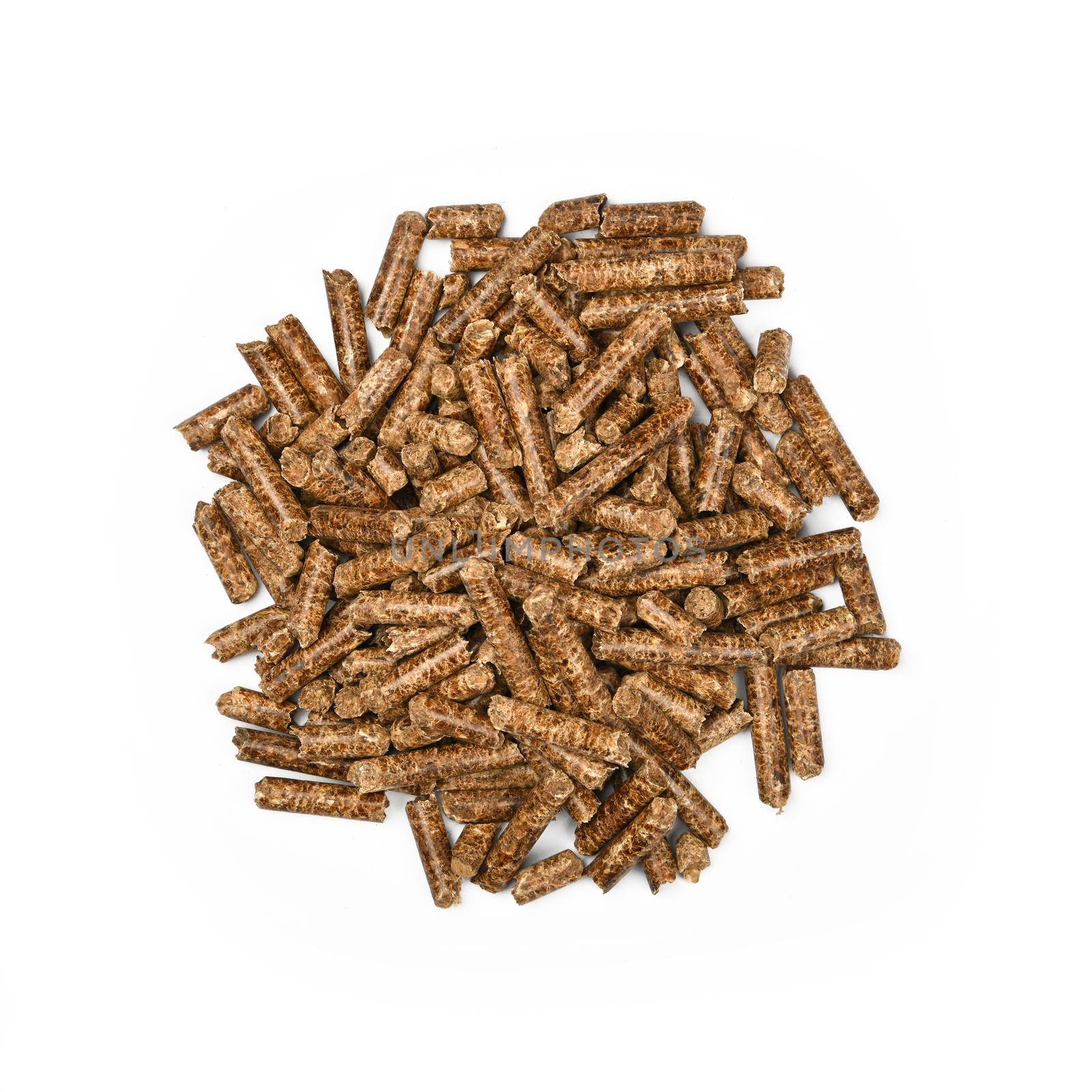 Close up pile of hardwood pellets for natural food smoking and cooking, isolated on white background, elevated top view, directly above