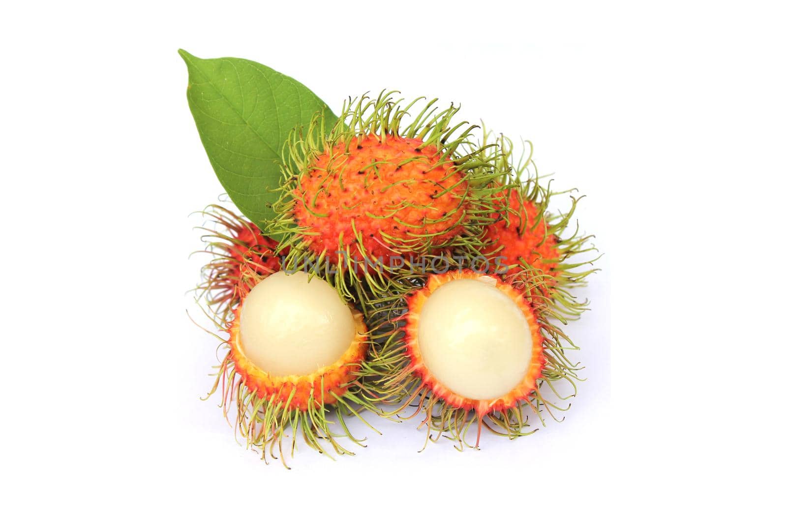 Sweet rambutan, the popular fruit of Thailand Peel off the bark to reveal the inside. isolated from a white background with green leaves by pichai25