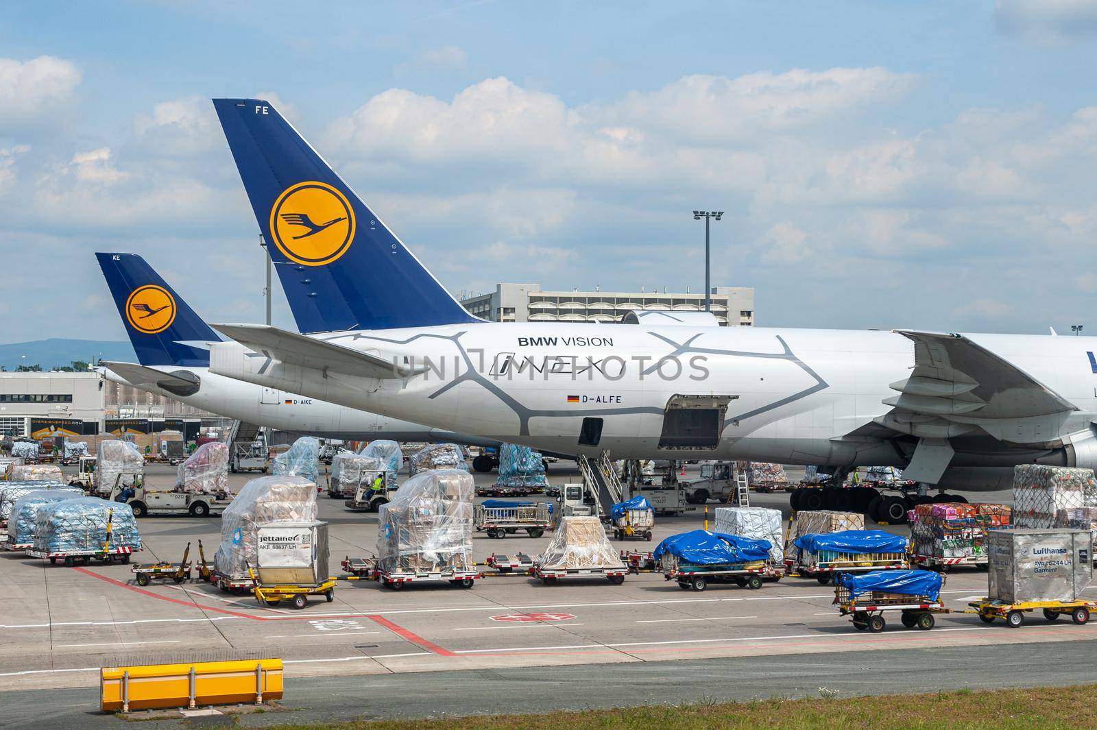 05/26/2019. Frankfurt Airport, Germany. Boeing 777 Freighter and Airbus A220 in Lufthansa cargo depot. operated by Fraport and serves as the main hub for Lufthansa. by Qba