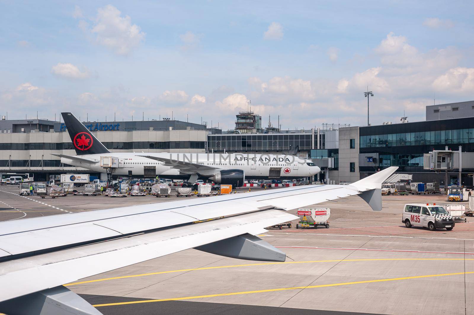 05/26/2019. Frankfurt Airport, Germany. Transatlantic Air Canada airplane in front of main terminal. Airport operated by Fraport and serves as the main hub for Lufthansa including Lufthansa City Line and Lufthansa Cargo.