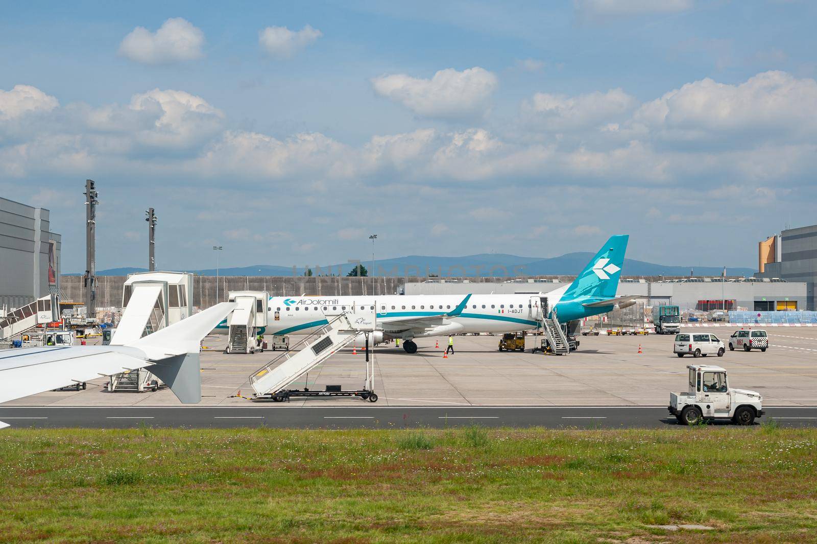 05/26/2019 Frankfurt Airport, Germany. Air Dolomiti, the Italian airline part of the Lufthansa Group. Airport operated by Fraport and serves as the main hub for Lufthansa including Lufthansa CityLine and Lufthansa Cargo.