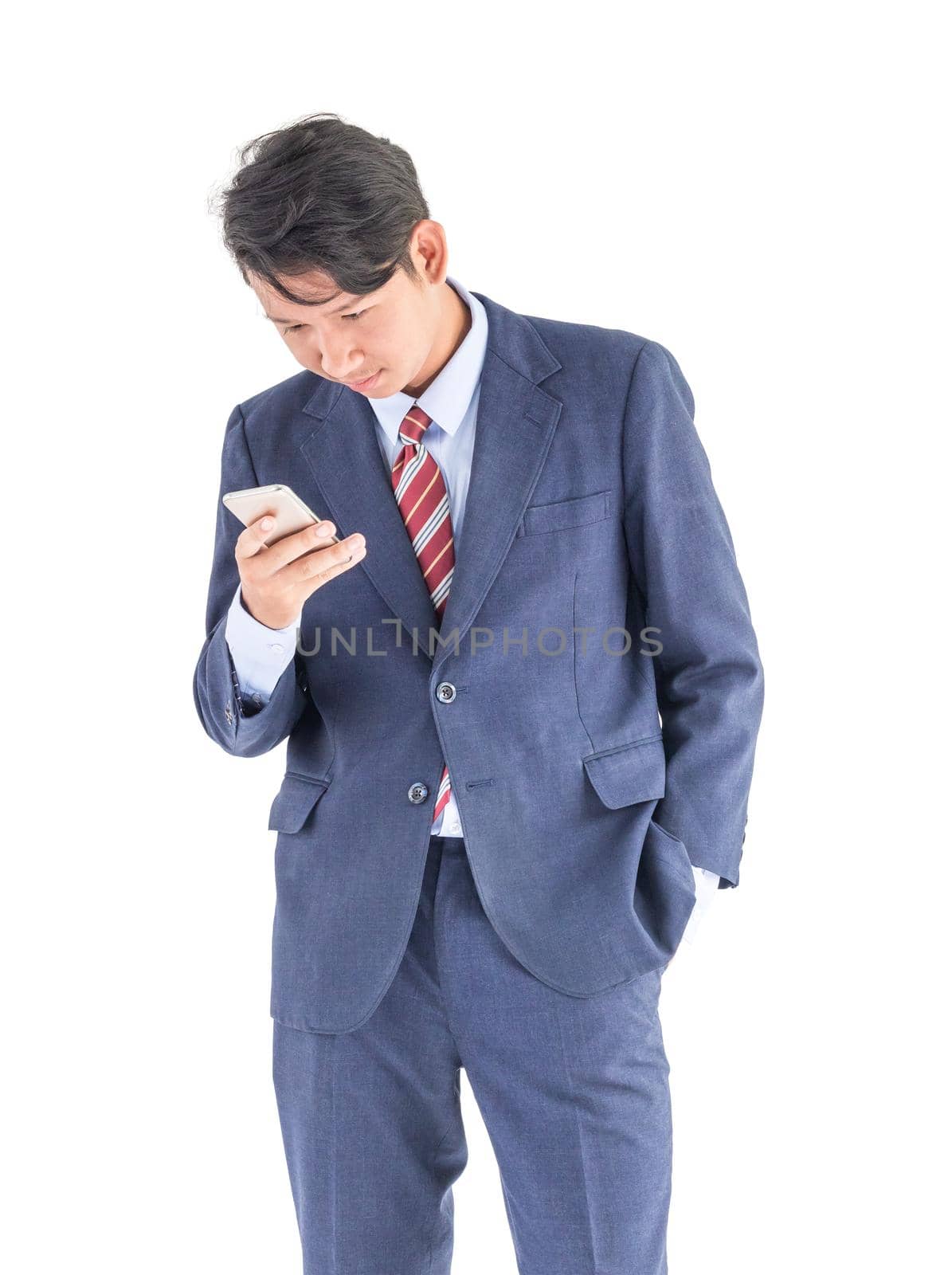 Young asian business men portrait holding phone in suit over white background