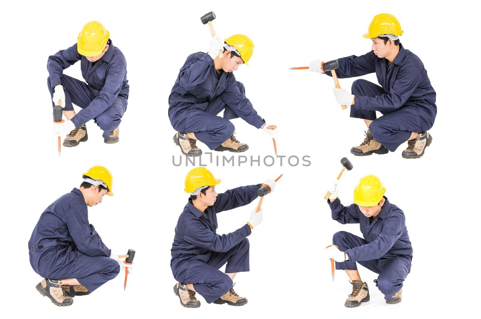 Set of Young man in uniform sit and holding hammer was nailed to a cold chisel Cut out isolated on white background