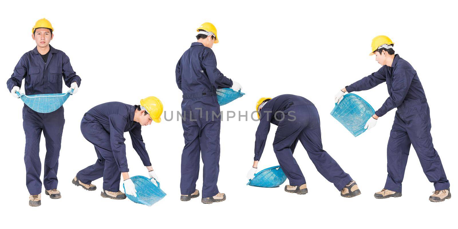 Set of Young worker in uniform hold Hod or clam-shell shaped basket is a construction tools  ,Cut out isolated on white background