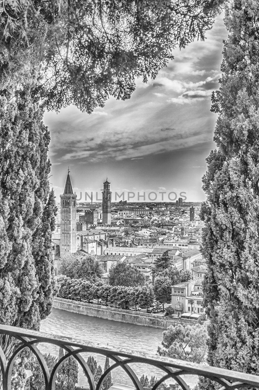 Panoramic aerial view over central Verona and the Adige River, Italy