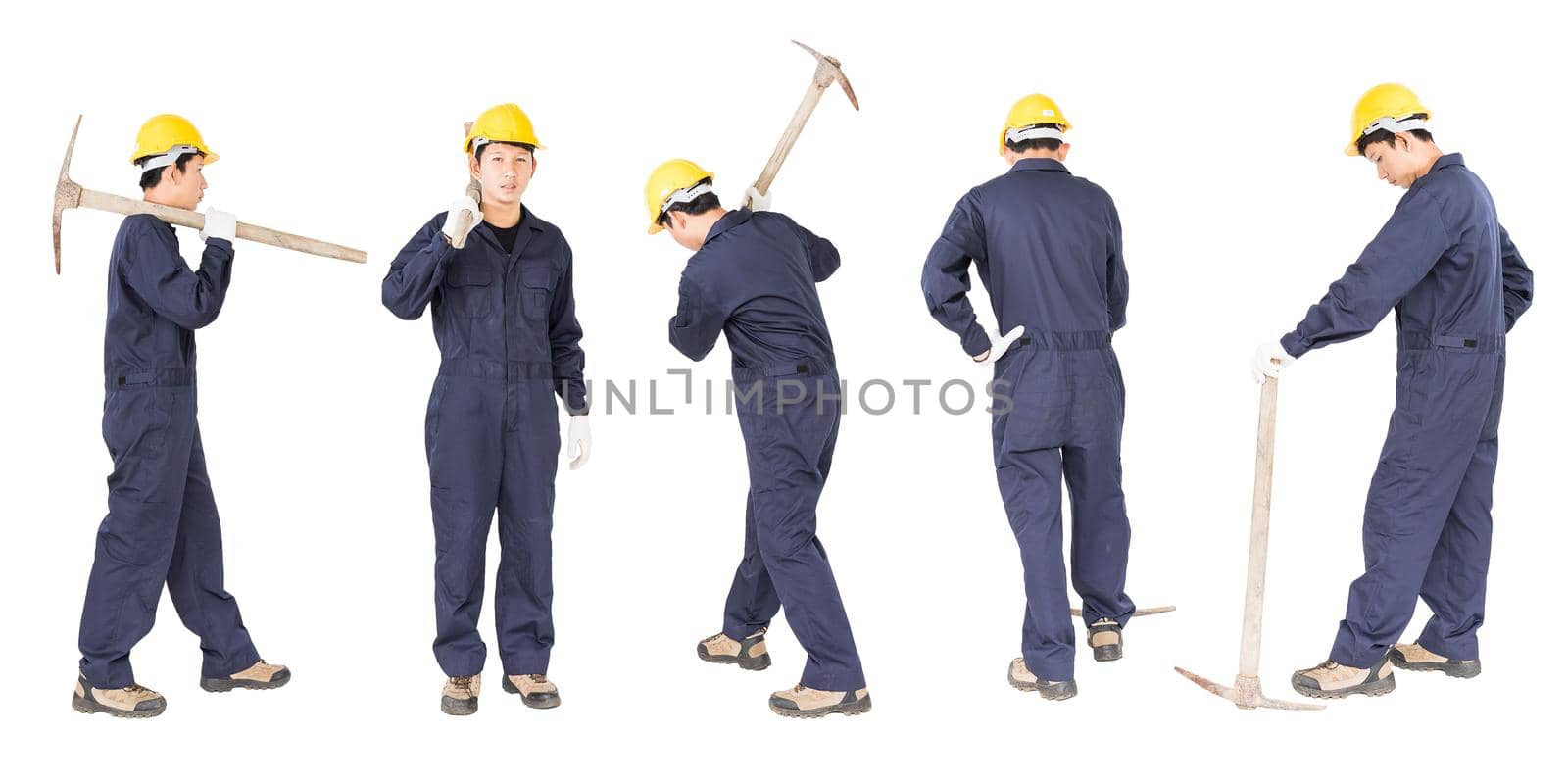 Set of Young man in uniform hold old pick mattock that is a mining device, Cut out isolated on white background