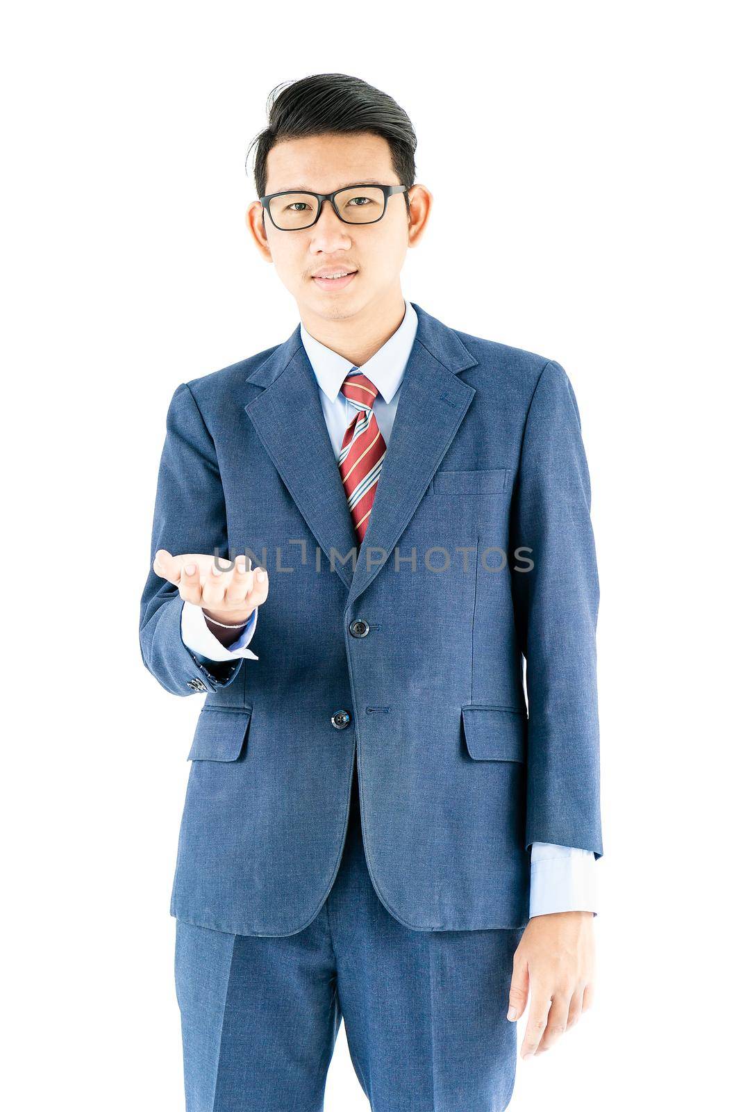 Young asian businessman portrait in suit and wear glasses over white background