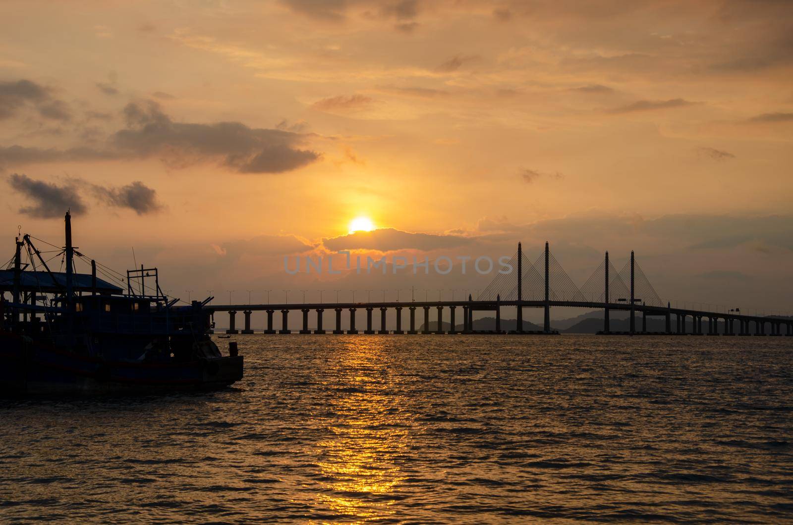 Georgetown, Penang/Malaysia - Mar 28 2018: Penang Second Bridge with golden sunrise.