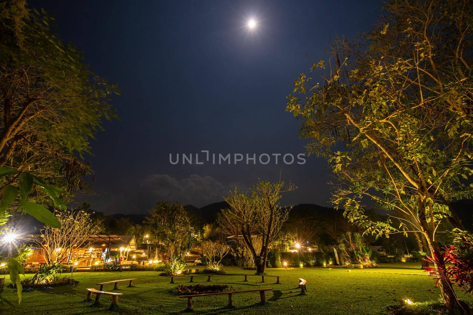 circle bench under a lamp and moon in the park at night