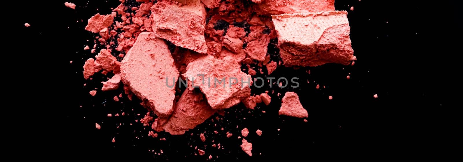 Crushed cosmetics, mineral organic eyeshadow, blush and cosmetic powder isolated on black background, makeup and beauty banner, flatlay design by Anneleven