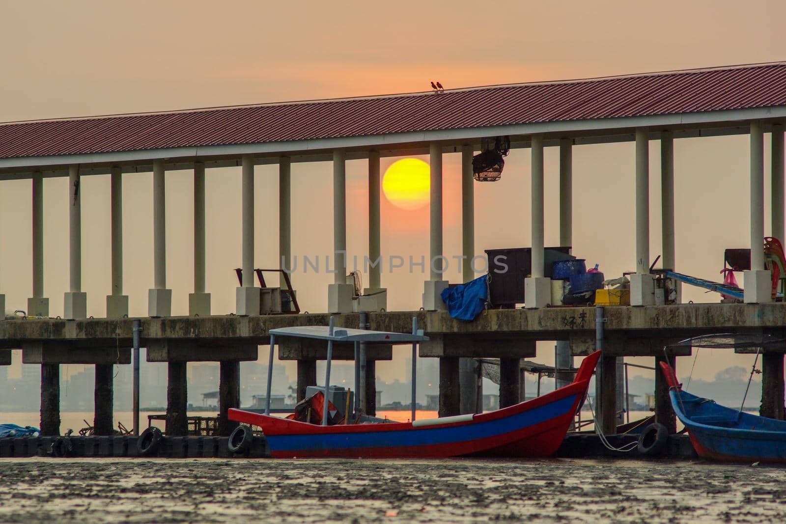 Georgetown, Penang/Malaysia - May 07 2016: Sunrise at Karpal Singh Drive fishing jetty.
