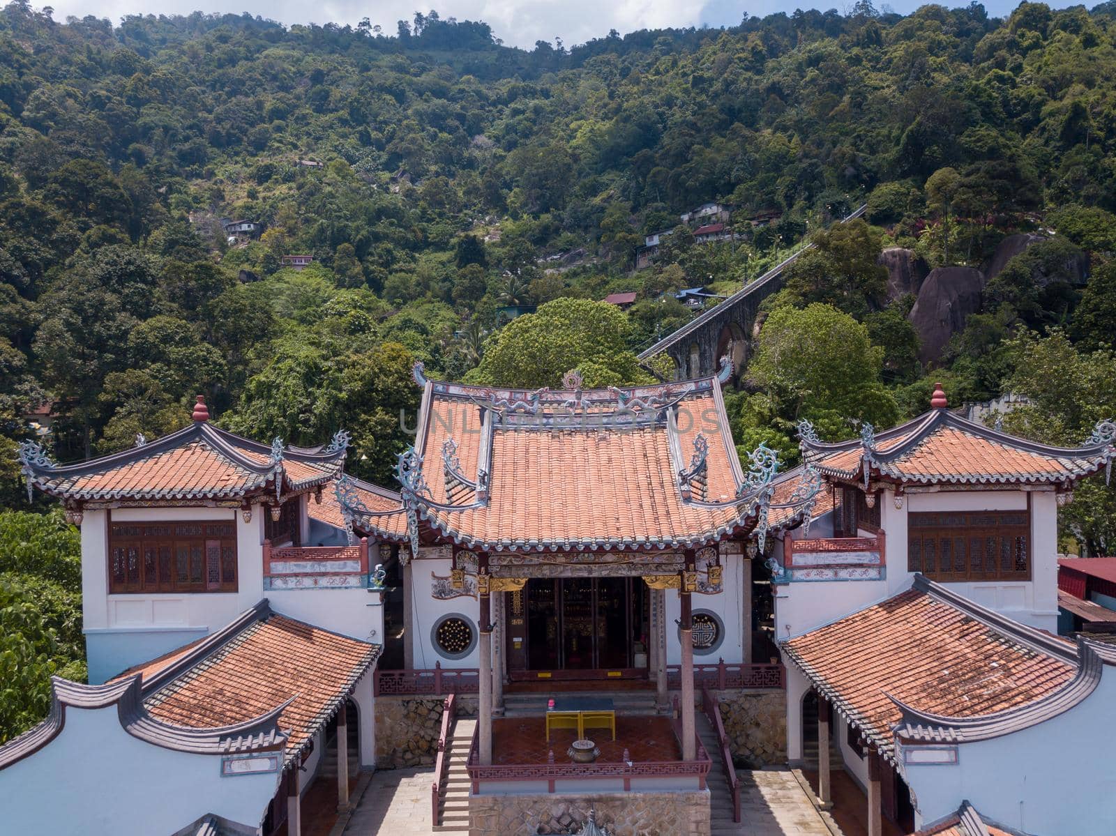 George Town, Penang/Malaysia - Sep 25 2019: Aerial view roof top Jade Emperor God Temple Air Itam.