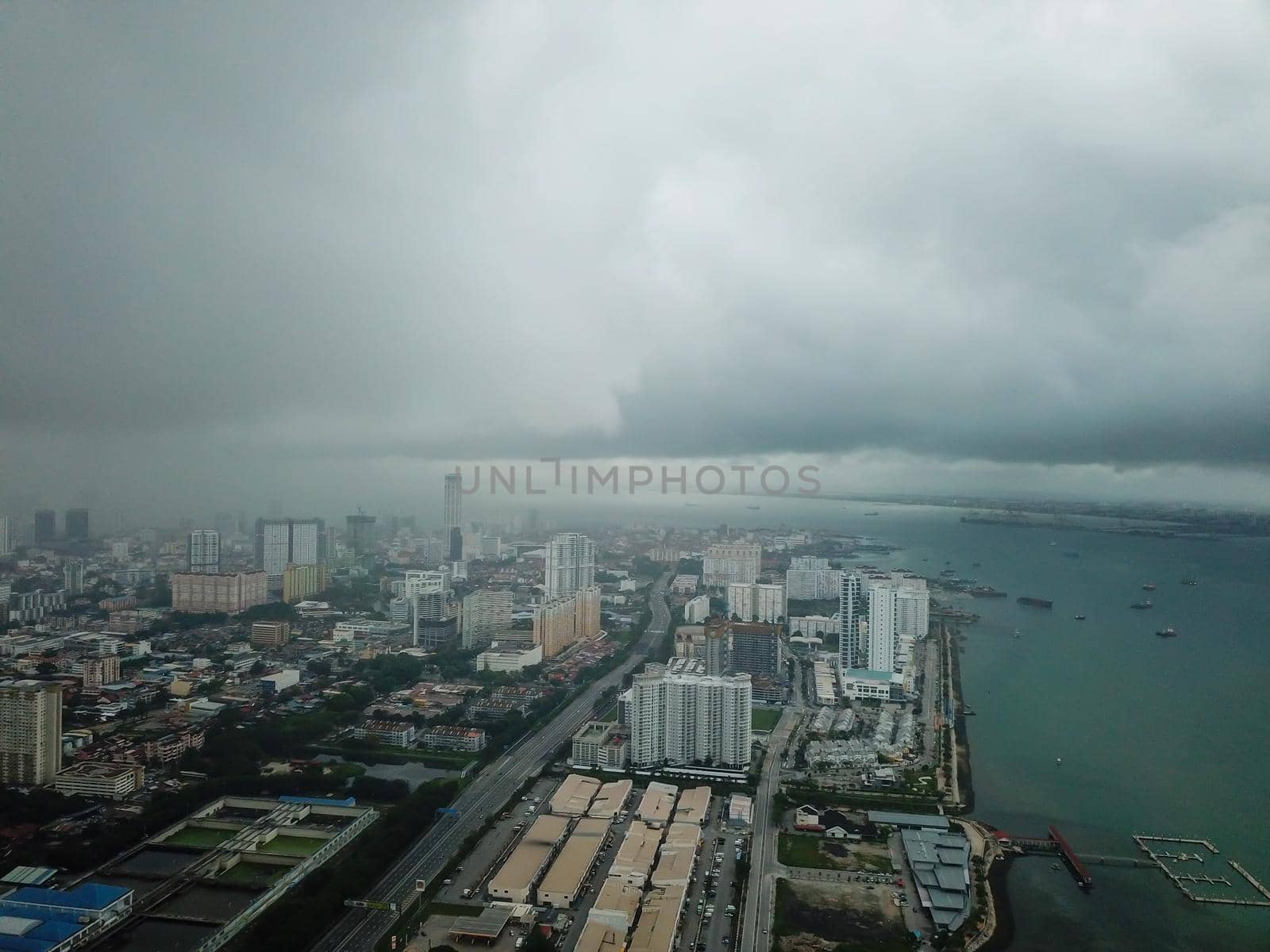 George Town, Penang/Malaysia - May 22 2019: Aerial view Tun Dr Lim Chong Eu Expressway in cloudy morning.