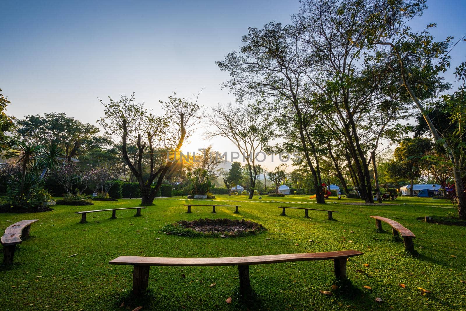 circle bench and sunrise in the park by domonite