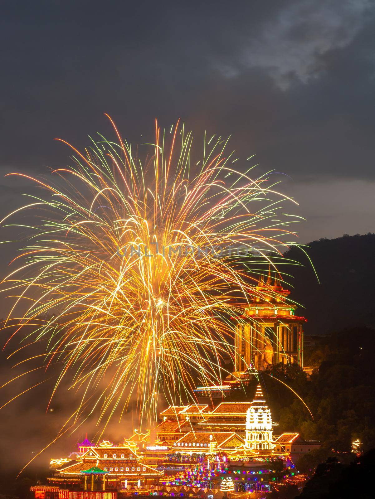 Georgetown, Penang/Malaysia - Jan 19 2020: Firework show at Kek Lok Si Temple.