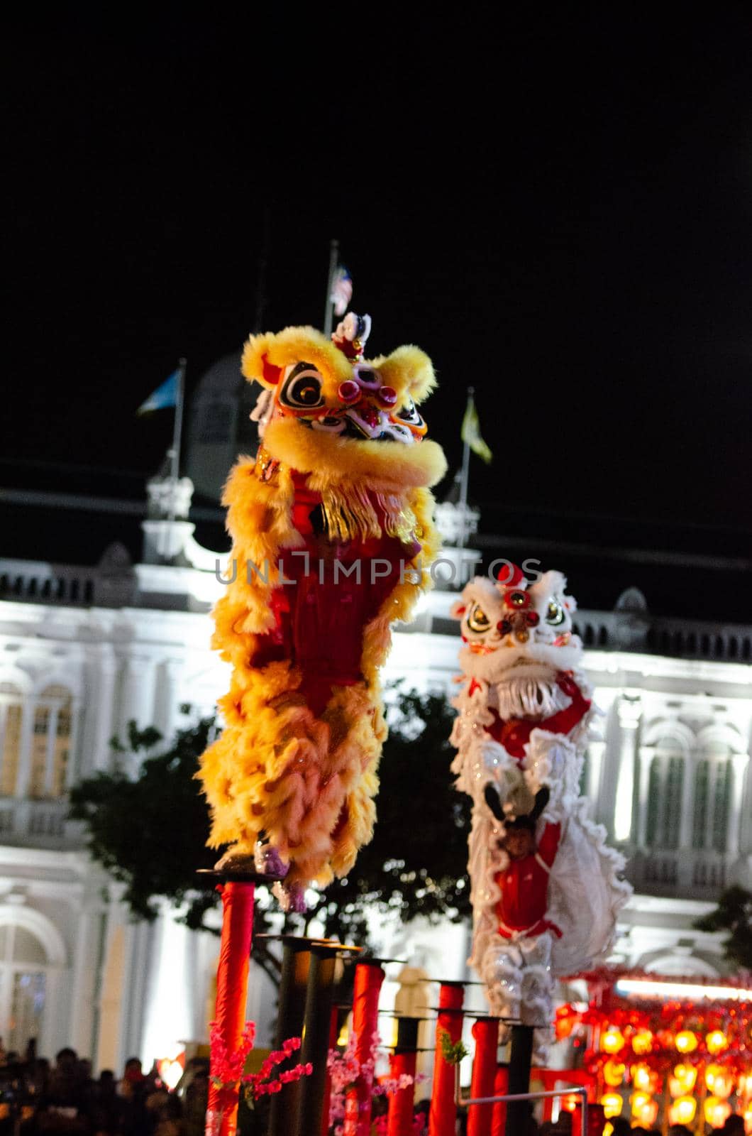 Georgetown, Penang/Malaysia - Feb 15 2020: Two lion dance on stilt.