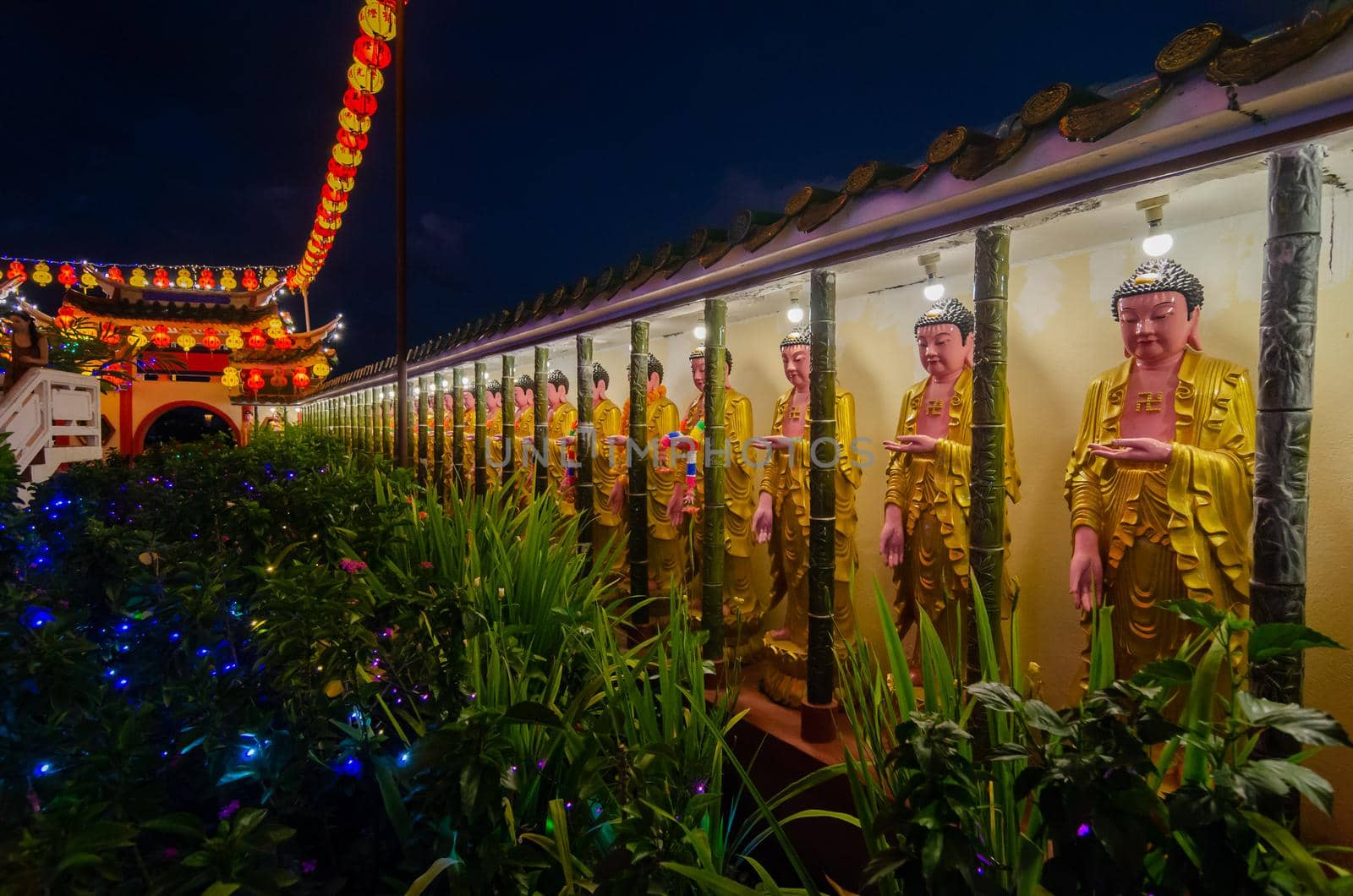 Georgetown, Penang/Malaysia - Feb 20 2020: Buddha statue in row at Kek Lok Si temple at night.