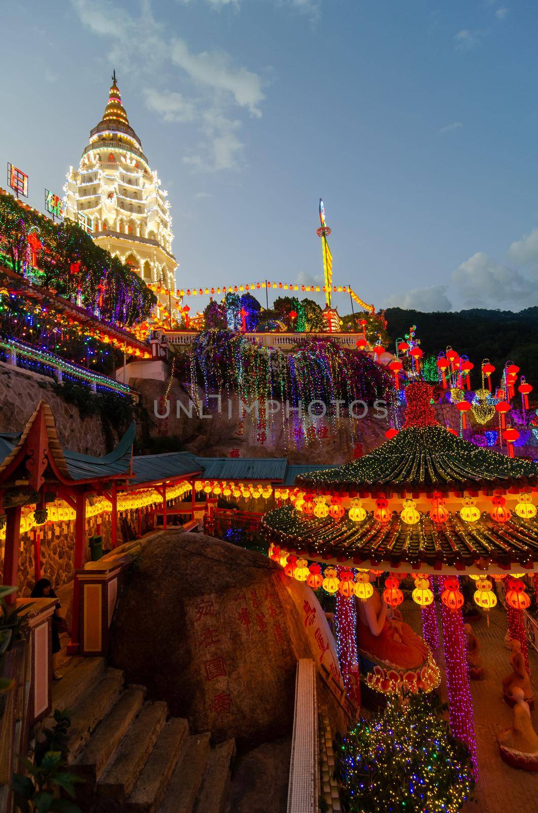 Georgetown, Penang/Malaysia - Feb 20 2020: Kek Lok Si light up during blue hour.