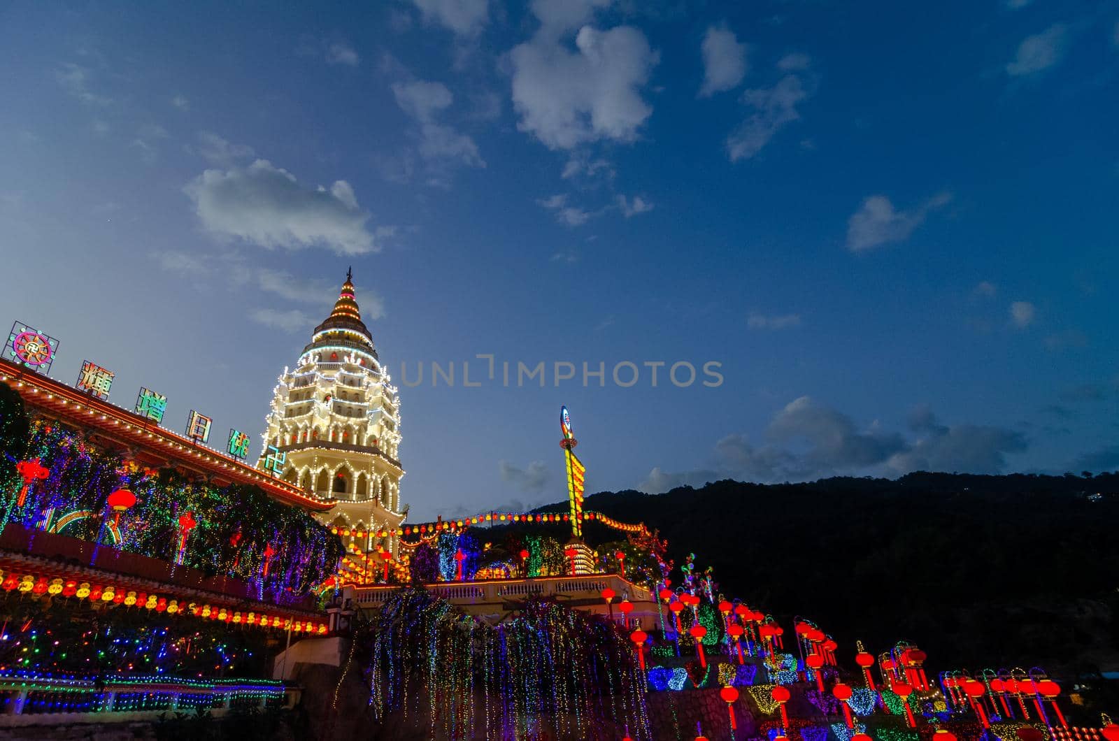 Georgetown, Penang/Malaysia - Feb 20 2020: Kek Lok Si temple light up under blue hour.