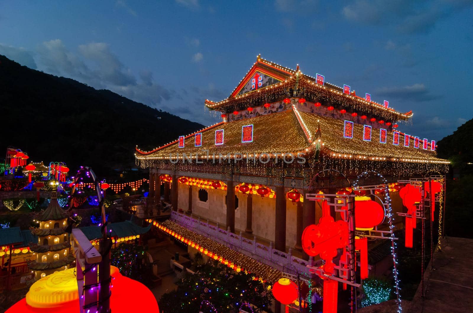 Georgetown, Penang/Malaysia - Feb 20 2020: Kek Lok Si temple with colorful light during blue hour.