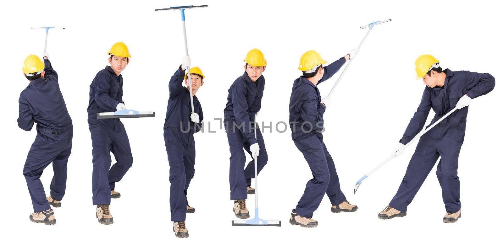 Set of Young man in uniform hold mop for cleaning glass window, Cut out isolated on white background