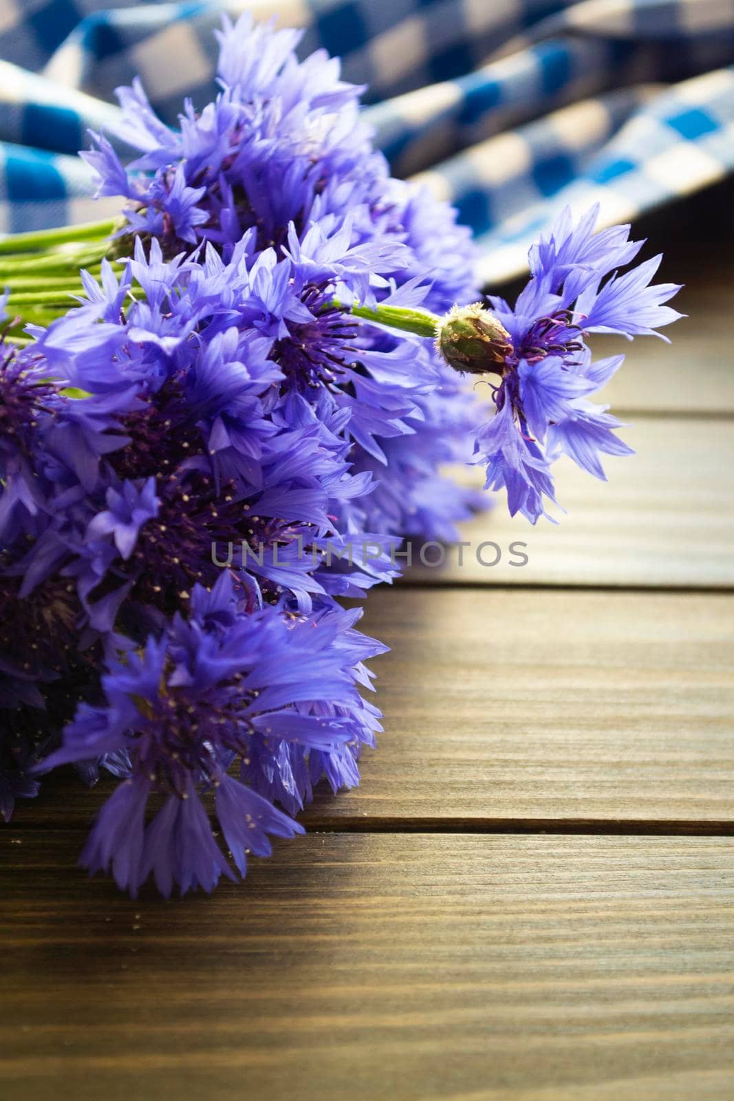 Blue flowers of cornflowers, rustic bouquet picked in summer located on wooden brown background by annaolgabymonaco