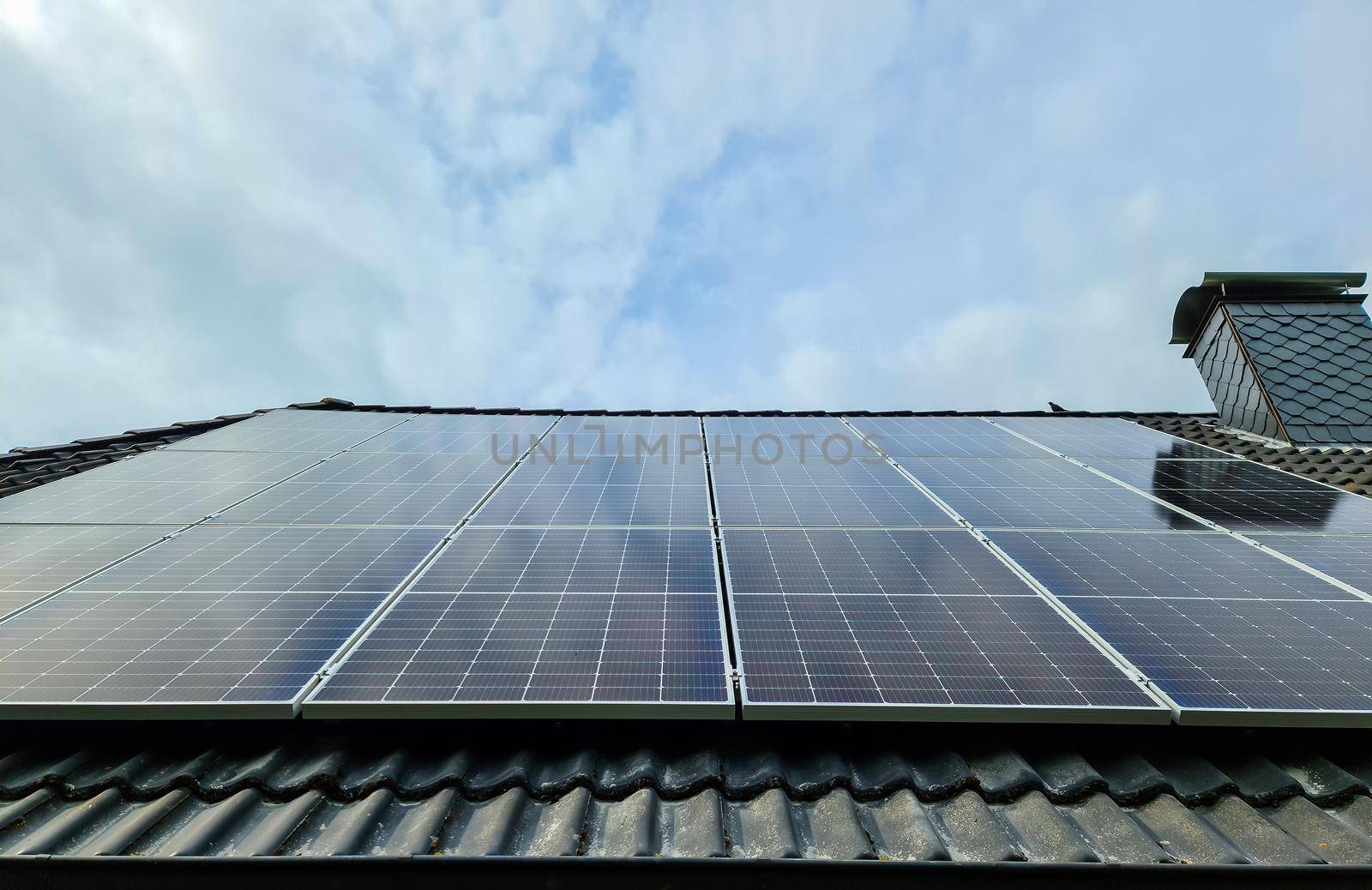 View at new solar panels on the roof of a residential house