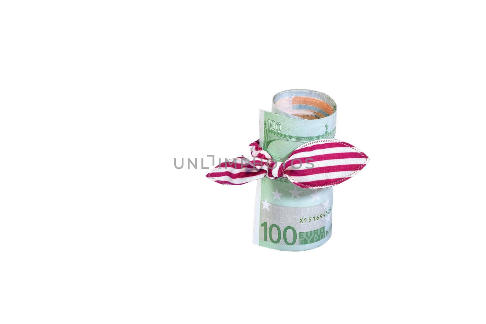 Hundred euros banknote curtailed by a tubule with purple elastic band with a bow isolated on white