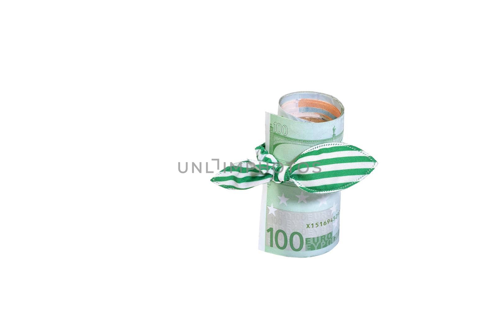 Hundred euros banknote curtailed by a tubule with green elastic band with a bow isolated on white