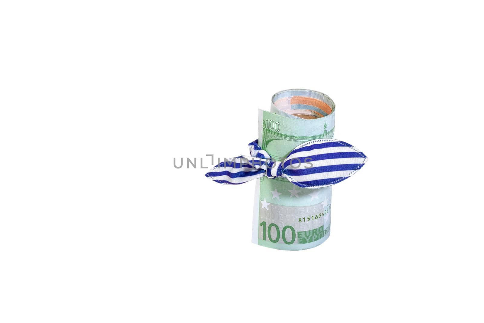 Hundred euros banknote curtailed by a tubule with blue elastic band with a bow isolated on white