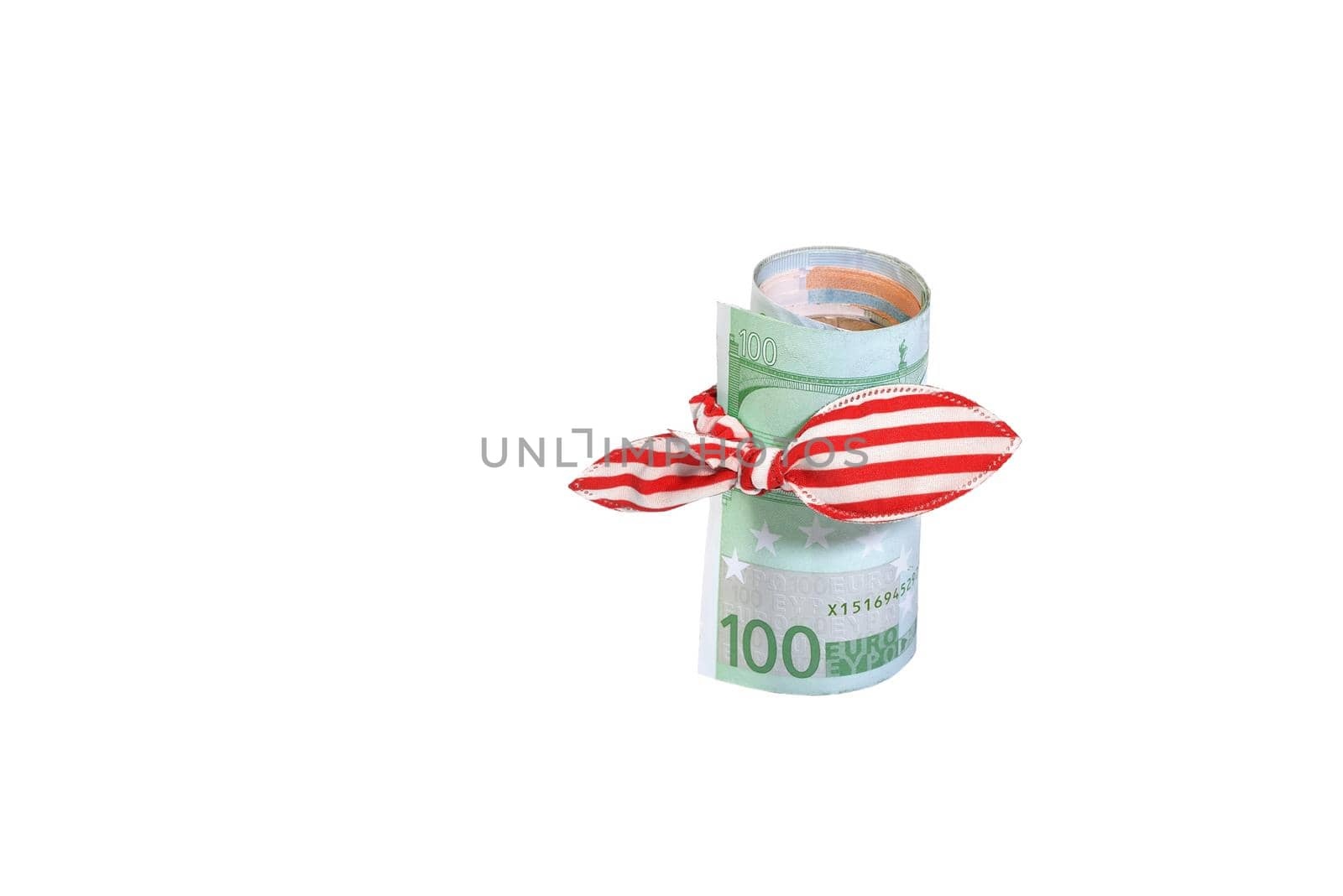 Hundred euros banknote curtailed by a tubule with red elastic band with a bow isolated on white