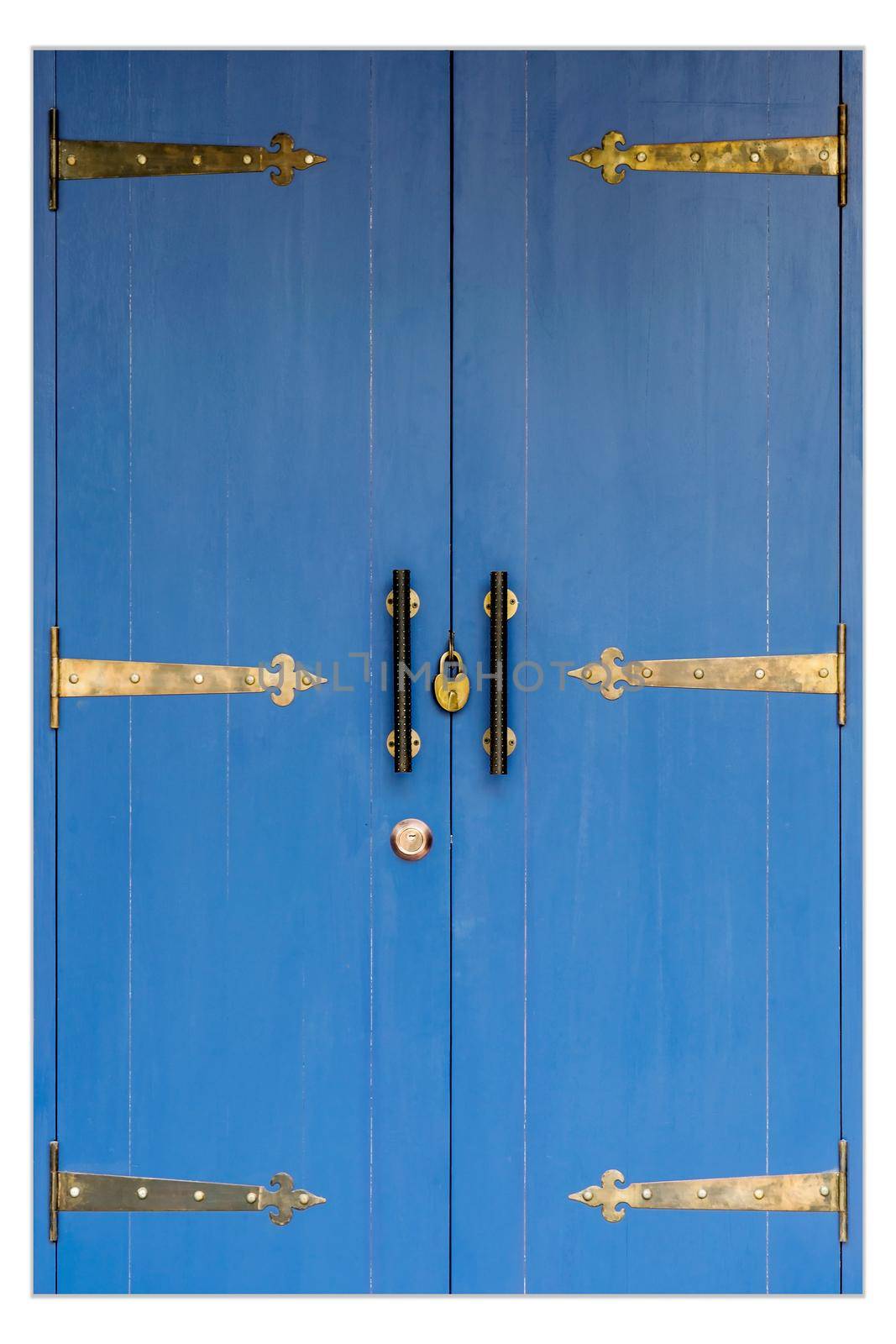 Closeup a vintage key locked on a blue color wooden door. by wattanaphob