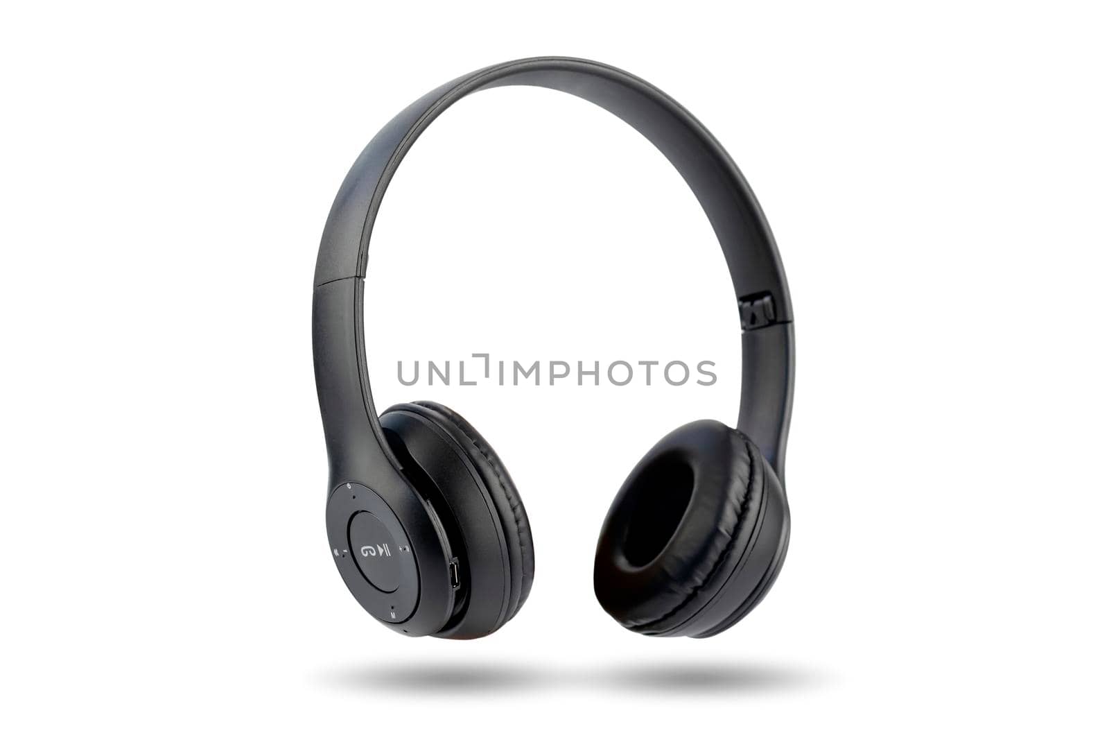 Modern design of black color wireless earphone isolated on white background.