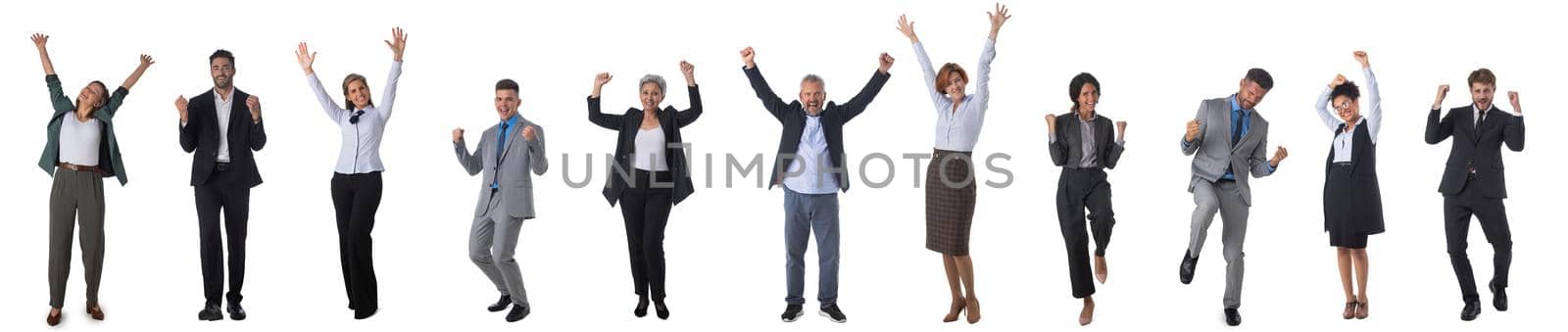 Set of full length portraits of happy multi-racial Group Of Business People Raising Arms Over White Background