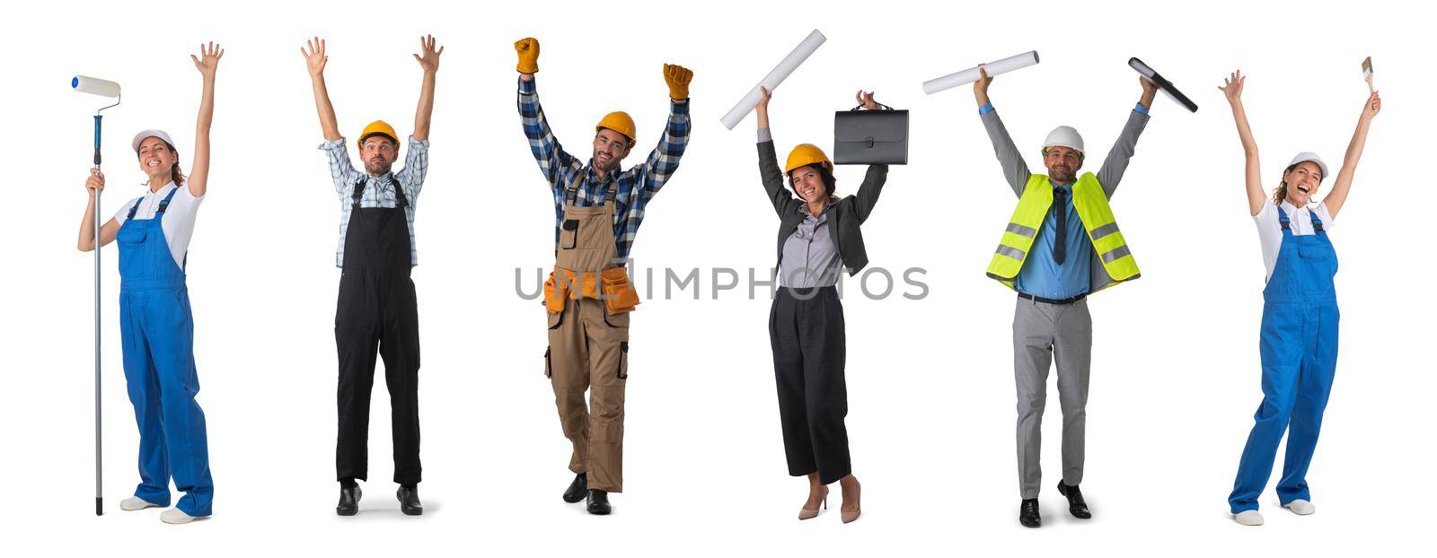 Set of full length portraits of industrial construction workers with raised arms isolated on white background