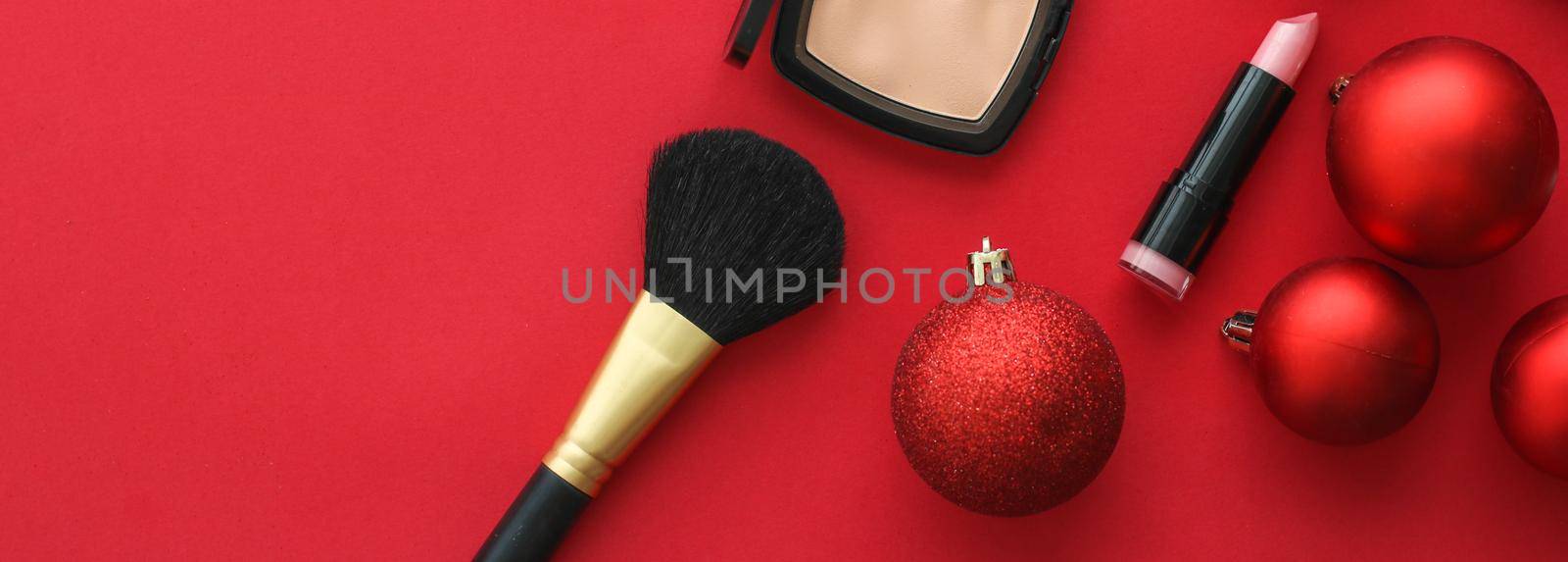 Make-up and cosmetics product set for beauty brand Christmas sale promotion, luxury red flatlay background as holiday design by Anneleven