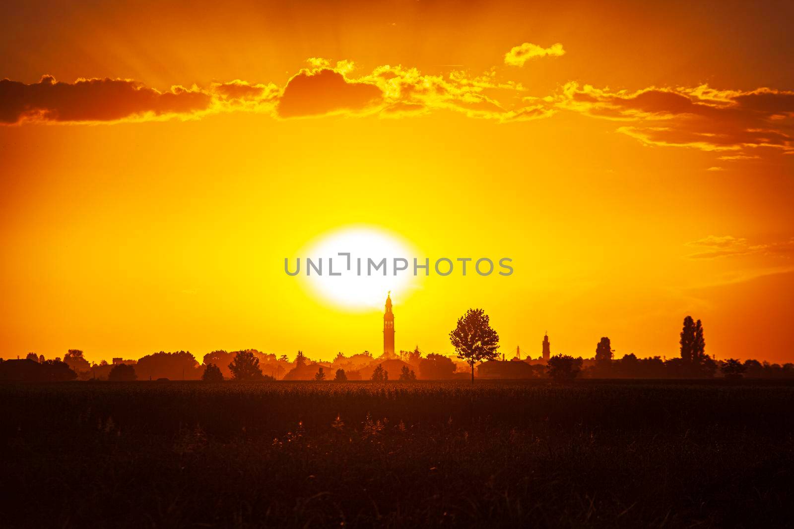 Sunset in a landscape with bell tower, trees and countryside