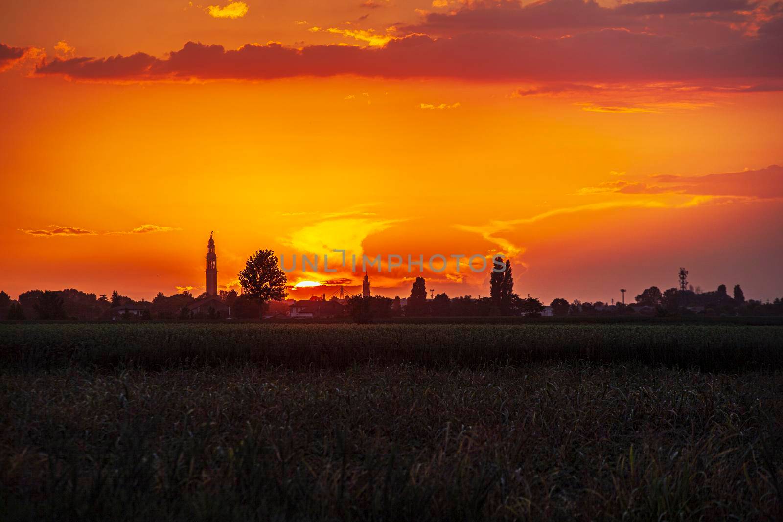 Sunset in a landscape with bell tower, trees and countryside