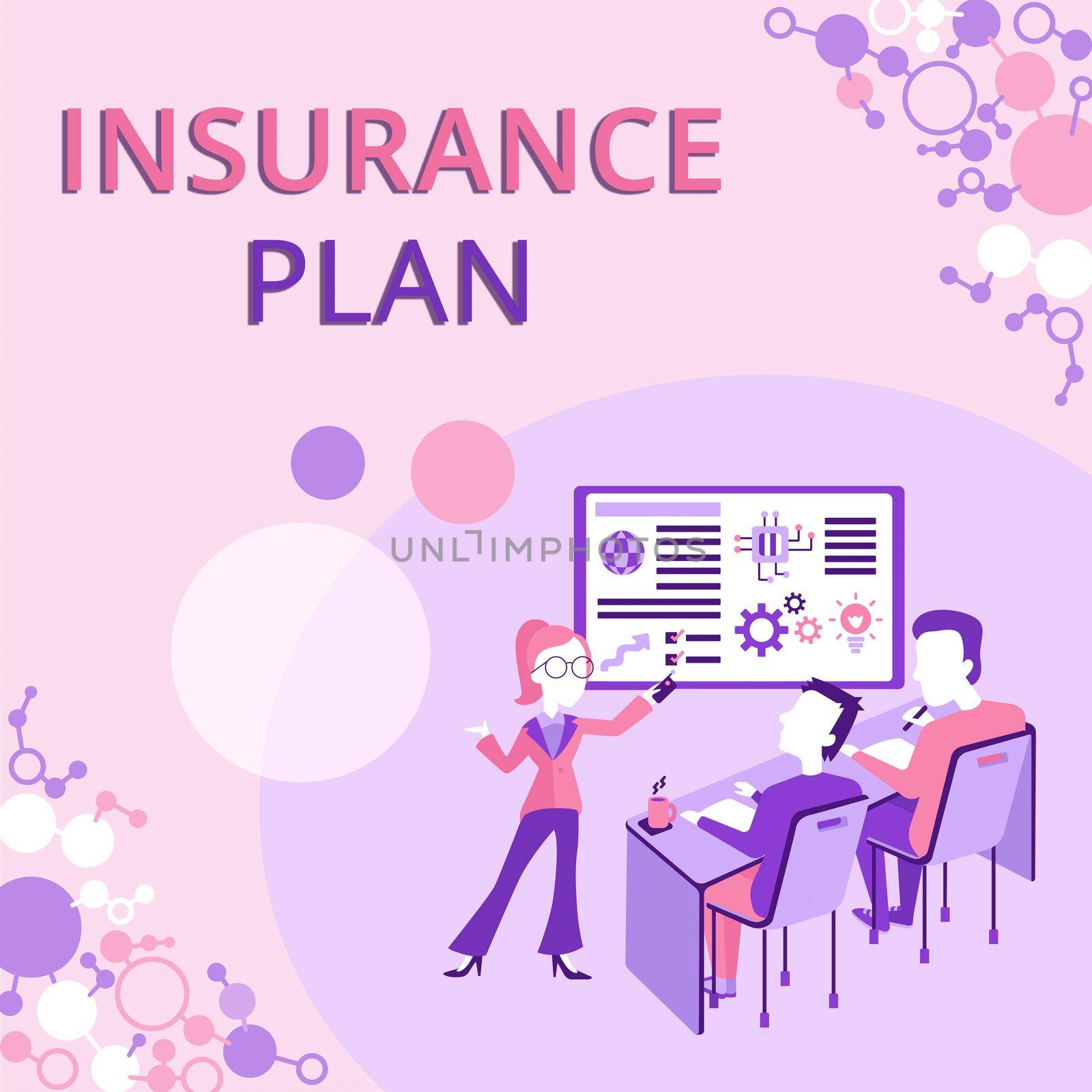 Text caption presenting Insurance Plan. Business showcase includes the risk management that a worker is covered Presenting Project Report Concept, Reporting Business Status by nialowwa