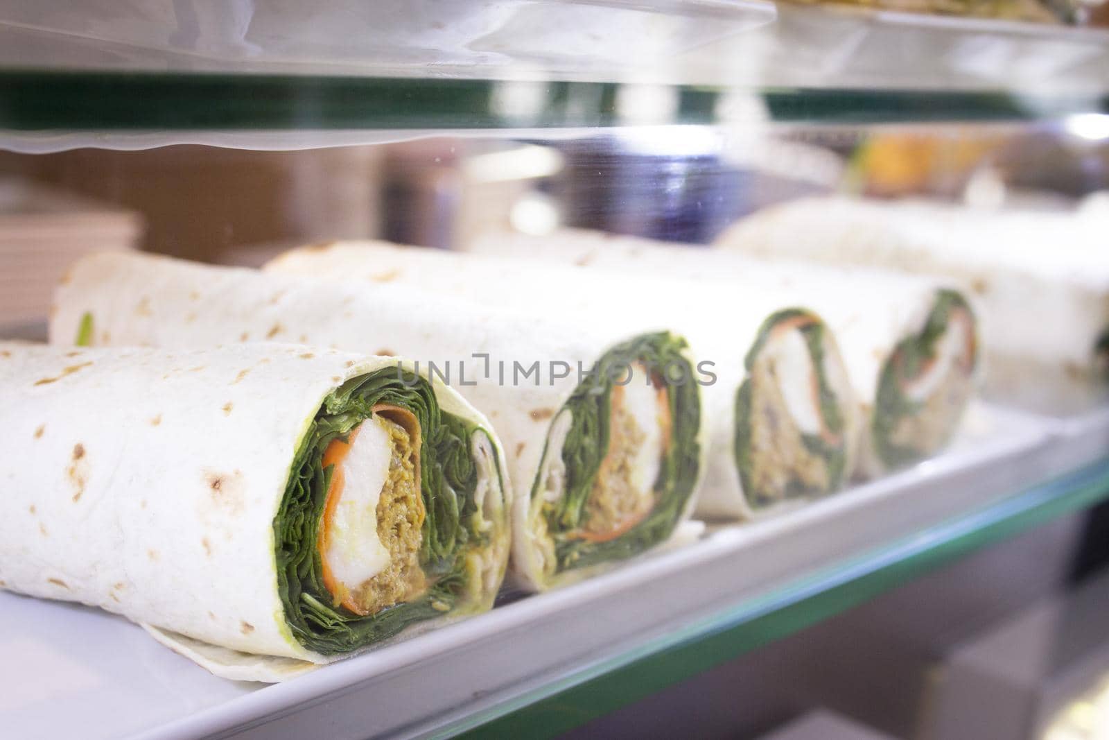 Vegetable pancake roll with spinach. No people