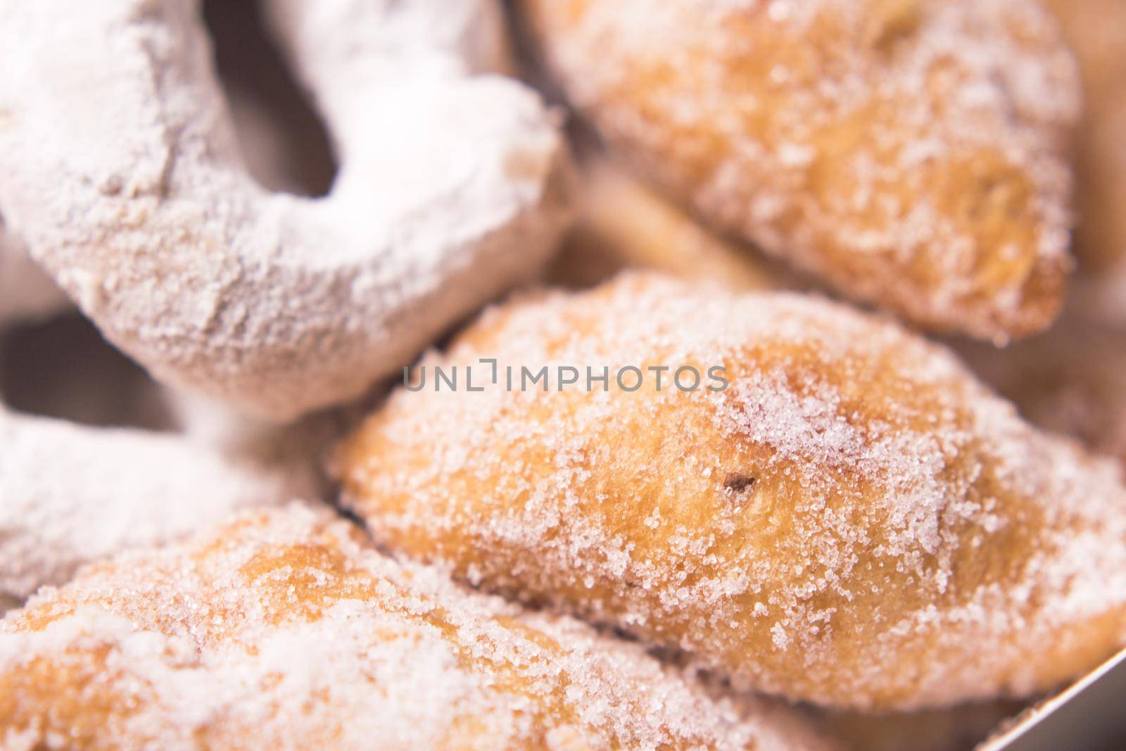 Handmade homemade donuts and fritters. No people