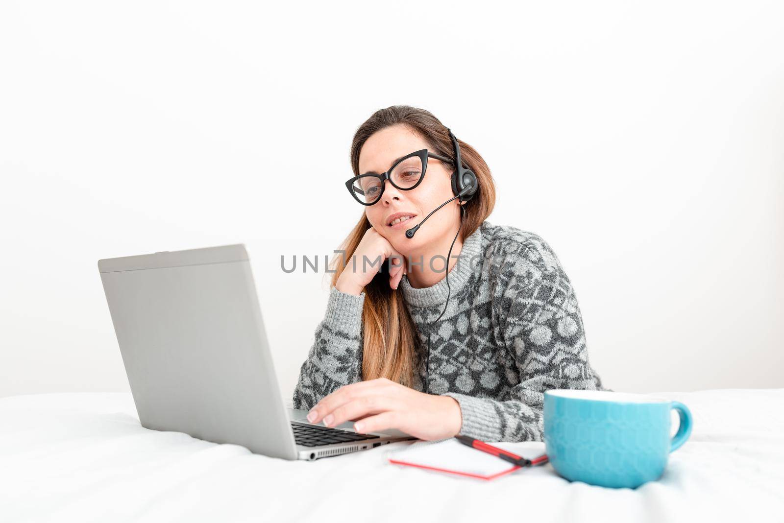 Callcenter Agent Working Home, Student Preparing Examinations, Reading Blog Content, Watching Internet Interesting Videos, Podcast Listening, Learning New Things by nialowwa