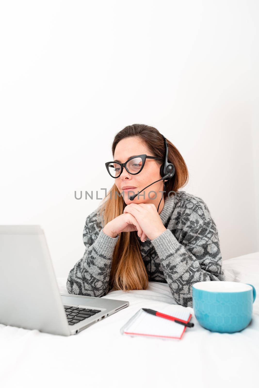 Callcenter Agent Working Home, Student Preparing Examinations, Reading Blog Content, Watching Internet Interesting Videos, Podcast Listening, Learning New Things by nialowwa
