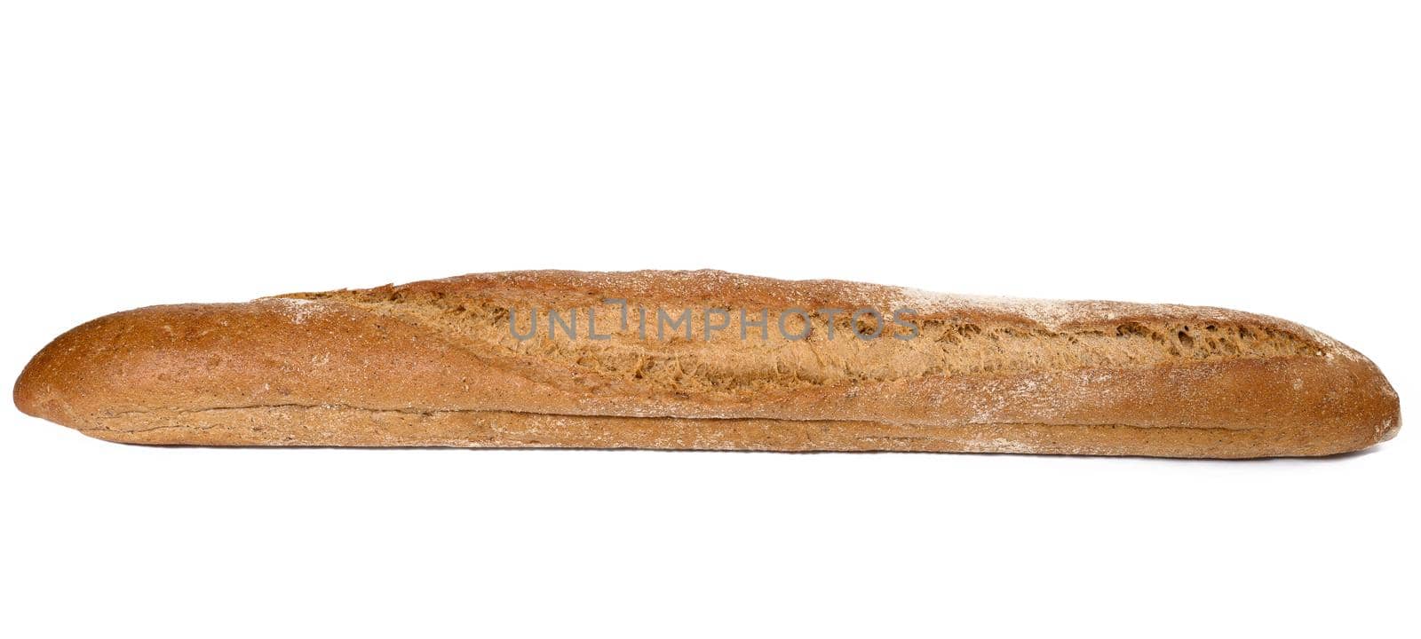 oblong baked bread baguette isolated on white background, loaf of rye flour, close up